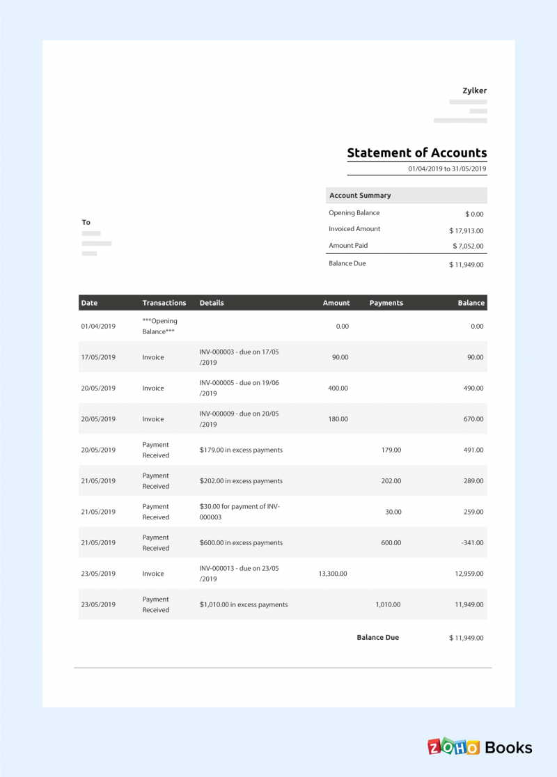 Statement of Account Sample Format - Zoho Books