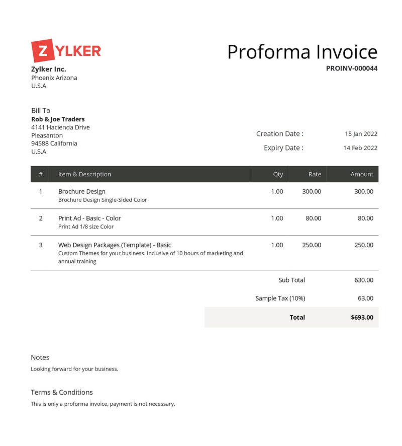 Proforma invoice example 